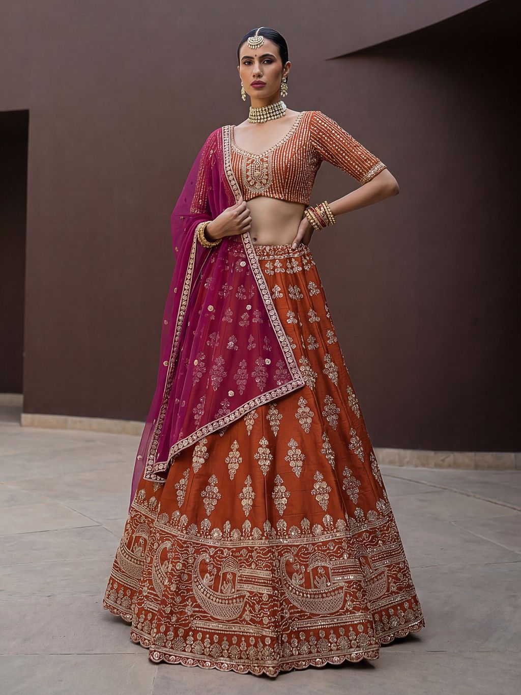 Orange Pure Soft Heavy Silk Sequins Embroidery Work Bridal Lehenga