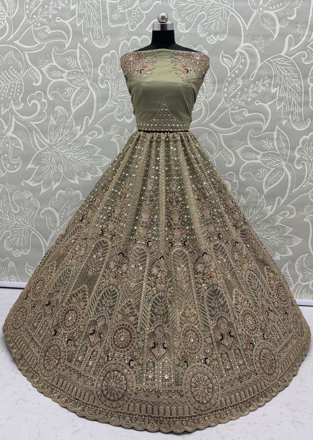 Pista Pure Soft Heavy Net Sequins Embroidery Work Bridal Lehenga
