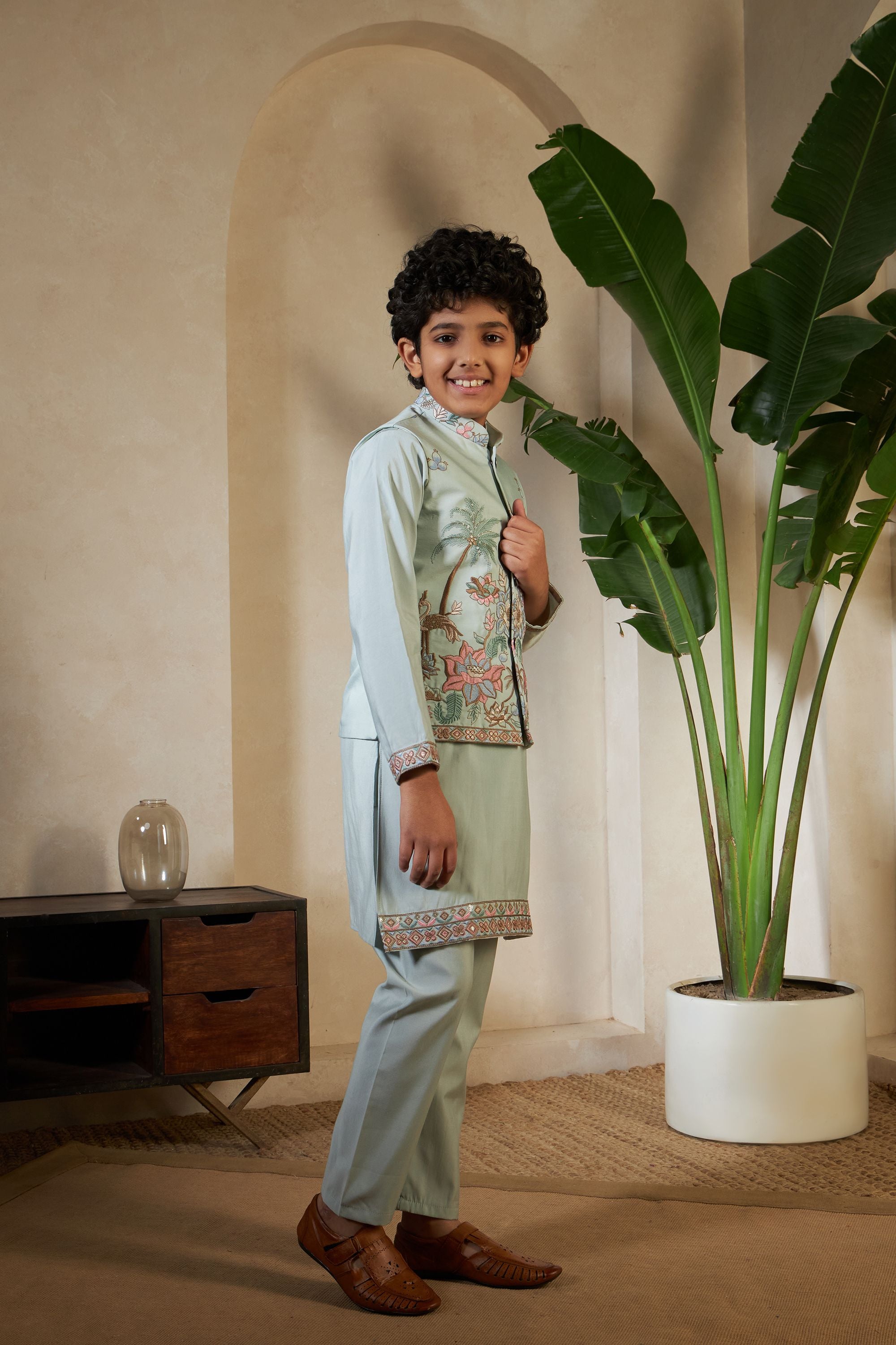 Pista Pure Viscose Silk Silk Kids Boy Kurta Pajama With Koti Jacket