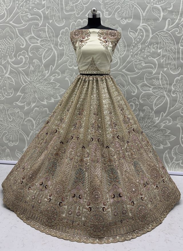 White Pure Soft Heavy Net Sequins Embroidery Work Bridal Lehenga