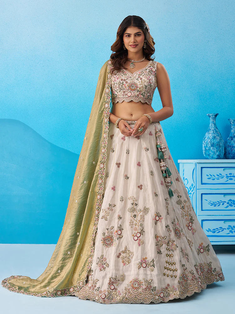 Cream & Green Lehenga Choli with Embroidered Dupatta