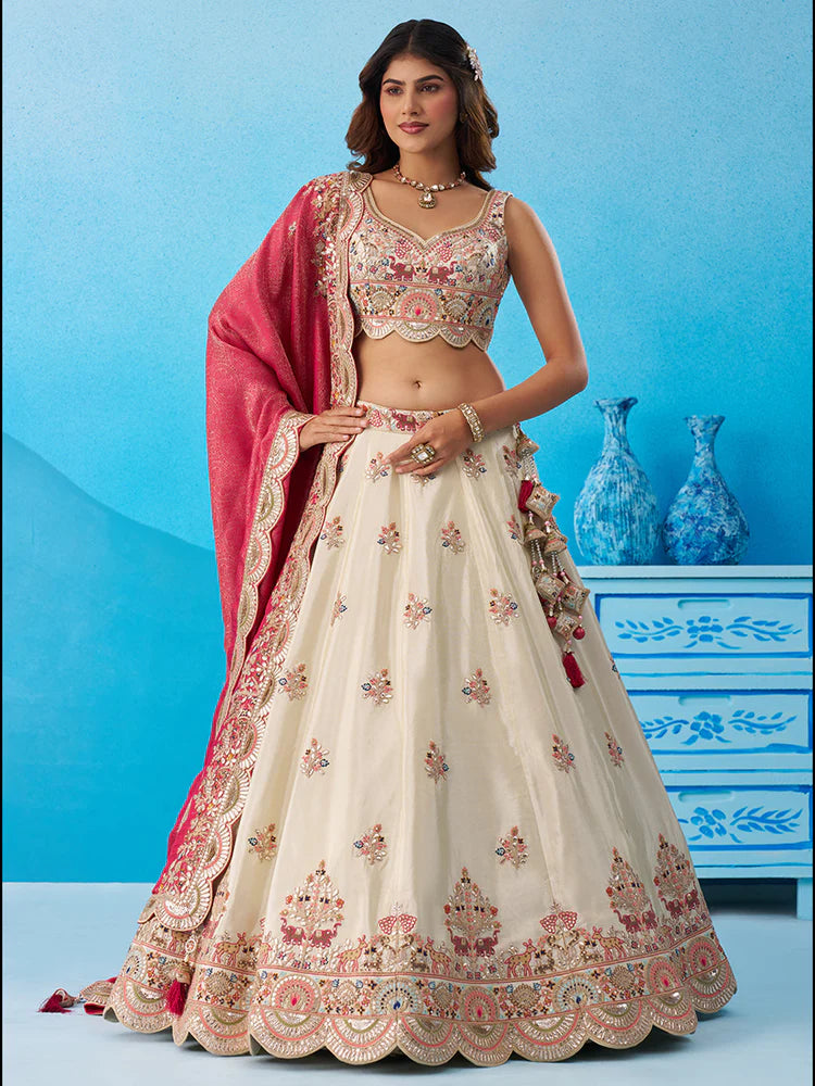 Cream Tissue Lehenga Choli with Rani Dupatta