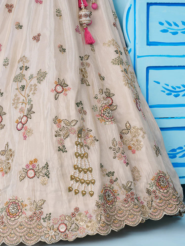 Cream & Pink Lehenga Choli with Embroidered Dupatta