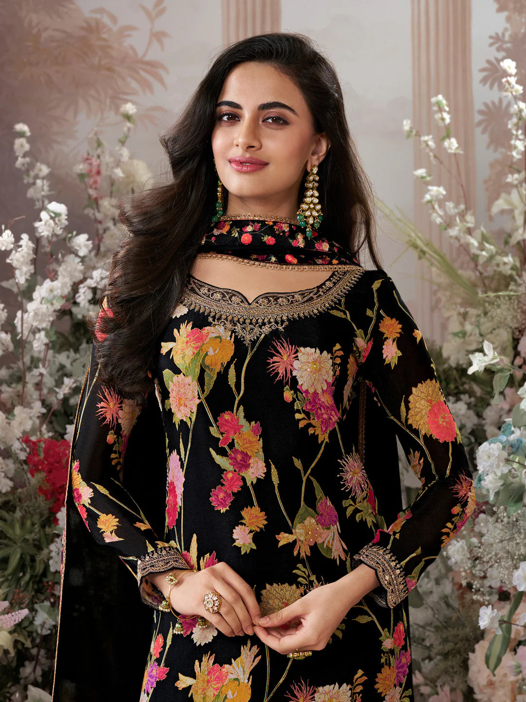 Elegant Black Sharara Suit with Pearl Daman and Lace Border Dupatta