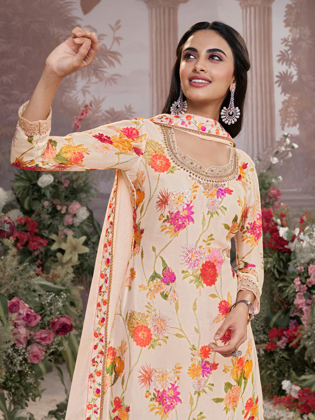 Cream festive wear sharara set with pearl daman and embroidery