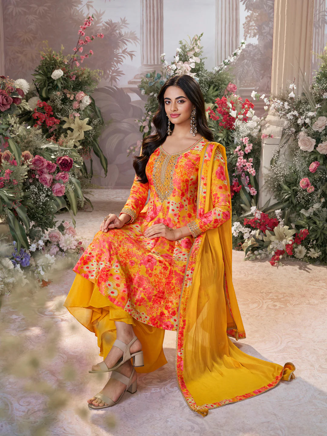 Festive mustard sharara suit with chinon sharara and tassel dupatta