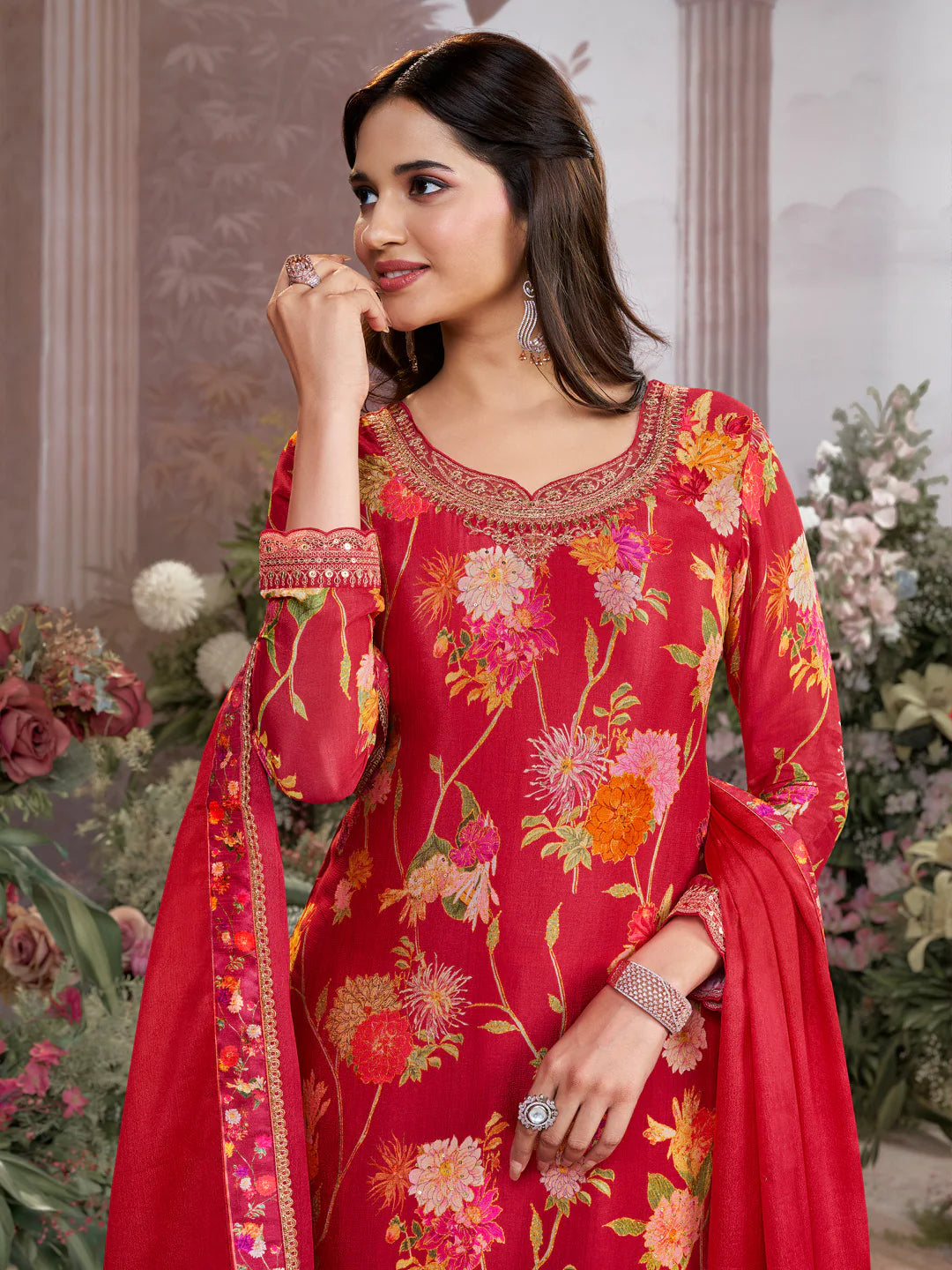 Festive red sharara suit with digital floral print and lace border dupatta