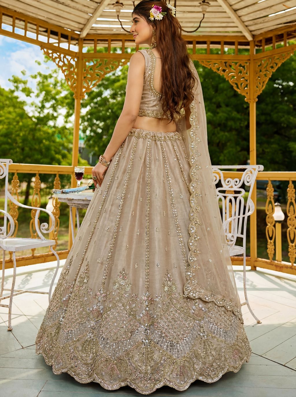 Beige Pure Soft Net Heavy Embroidery Work Bridal Lehenga