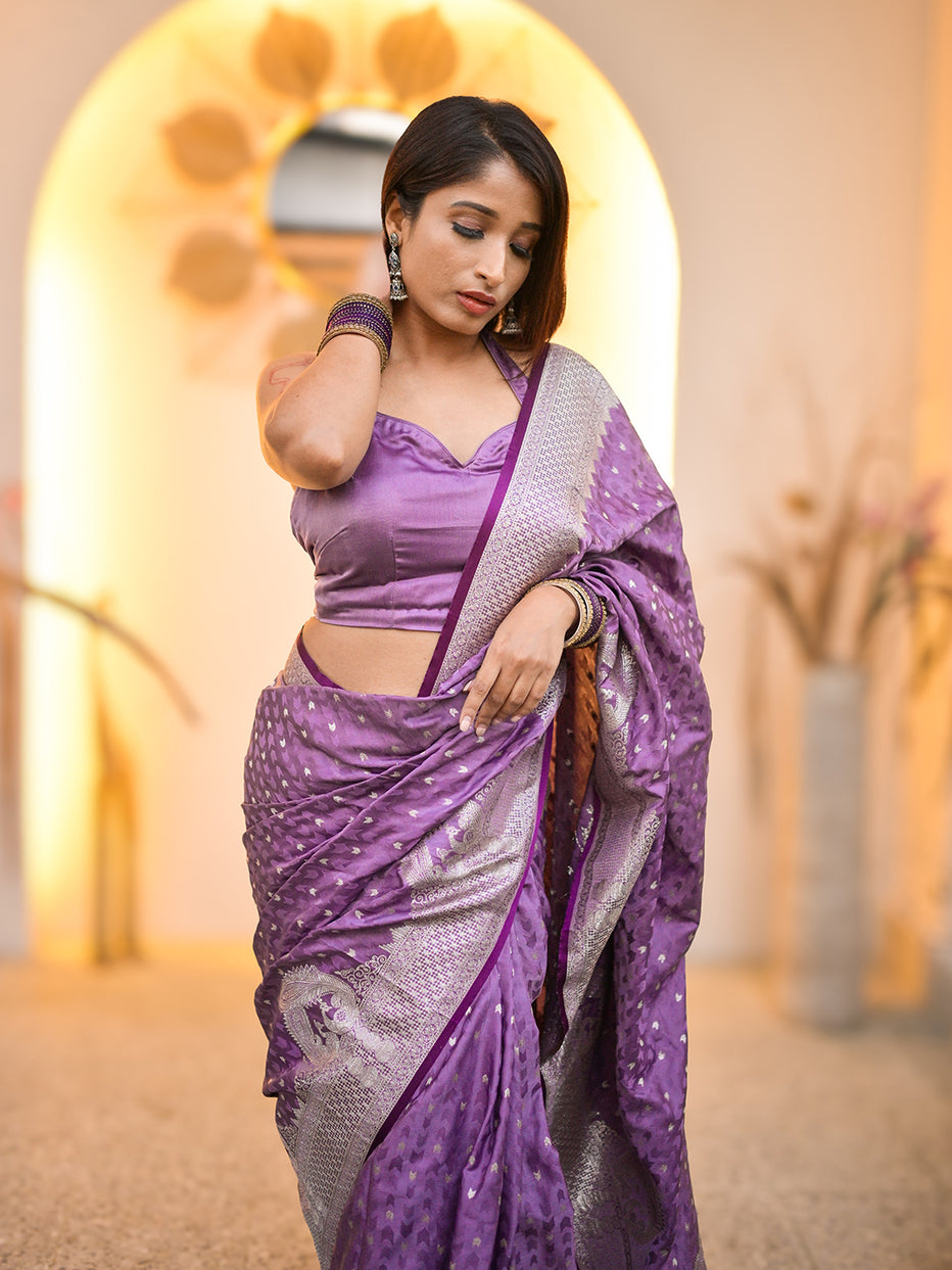 Lavender Banarasi Satin Silk Zari Banarasi Saree Panetar Saree Anant Tex Exports Pvt.Ltd..