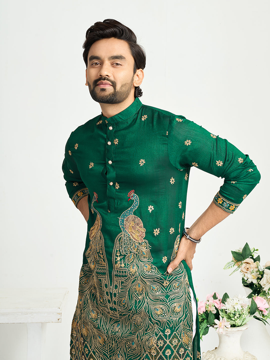 Green Pure Soft Fendi Silk Matching Combo Couple Dress Anant Tex Exports Pvt.Ltd..