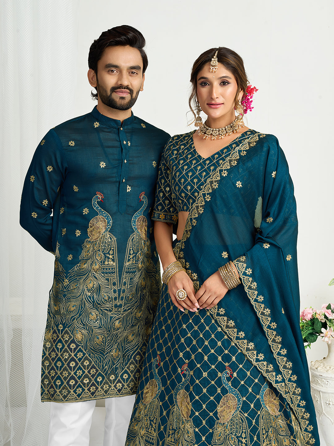 Teal Blue Pure Soft Fendi Silk Matching Combo Couple Dress Anant Tex Exports Pvt.Ltd..
