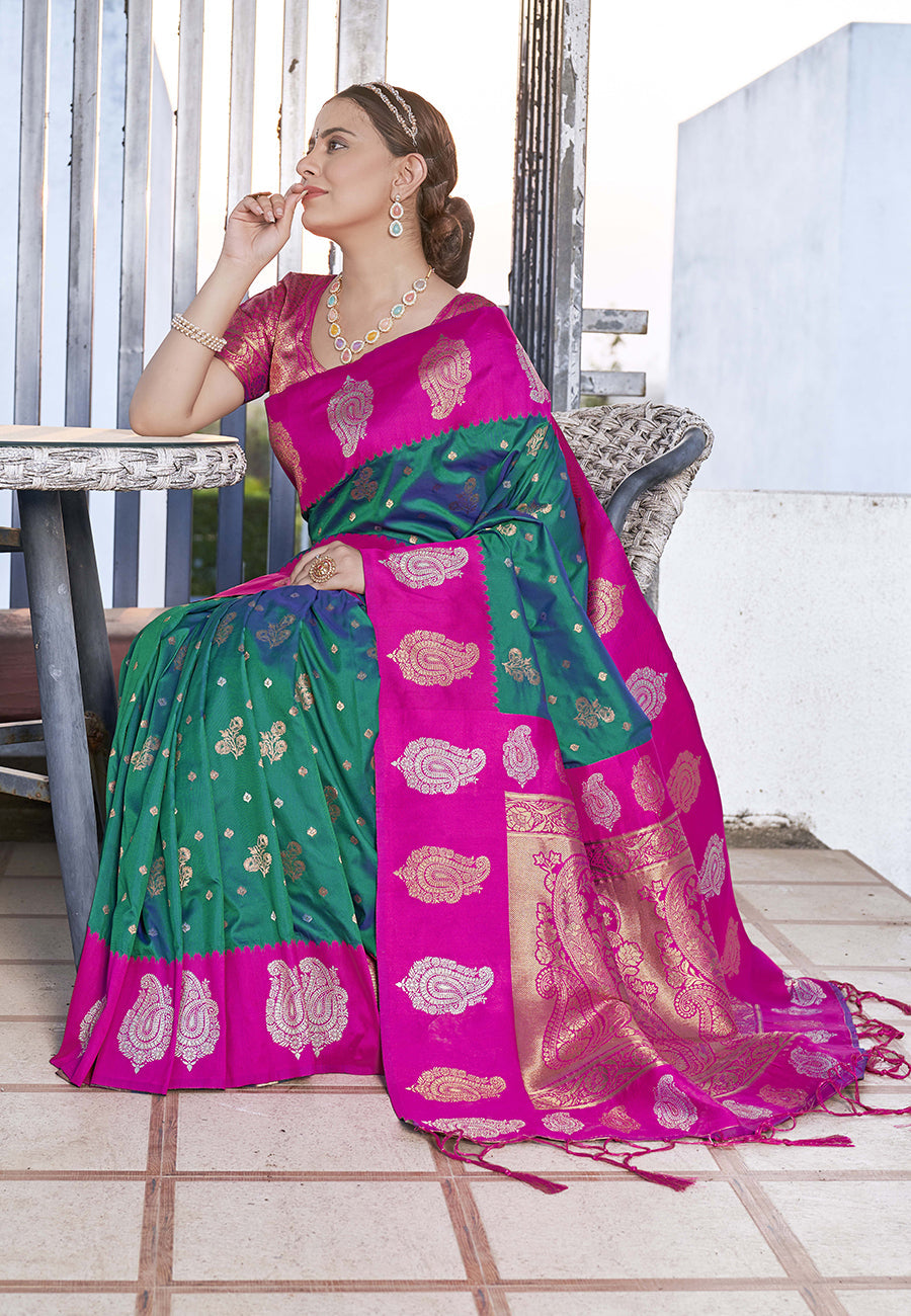 Green Soft Silk Contrast Zari Paithani Saree
