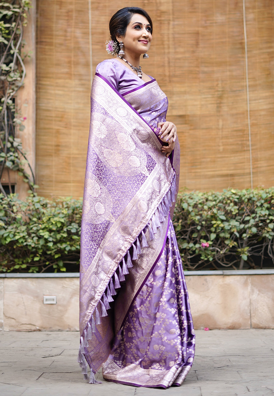 Lavender Banarasi Satin Silk Zari Banarasi Saree Panetar Saree Anant Tex Exports Pvt.Ltd..