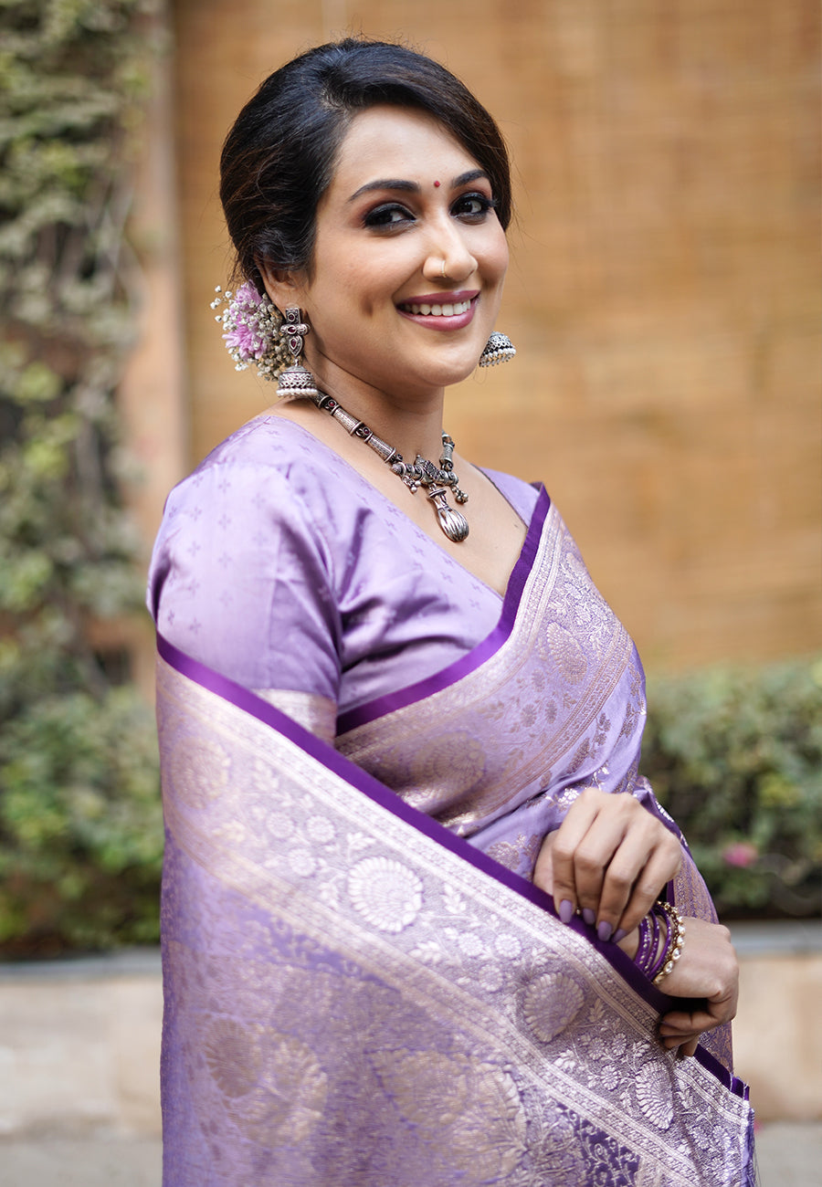 Lavender Banarasi Satin Silk Zari Banarasi Saree Panetar Saree Anant Tex Exports Pvt.Ltd..