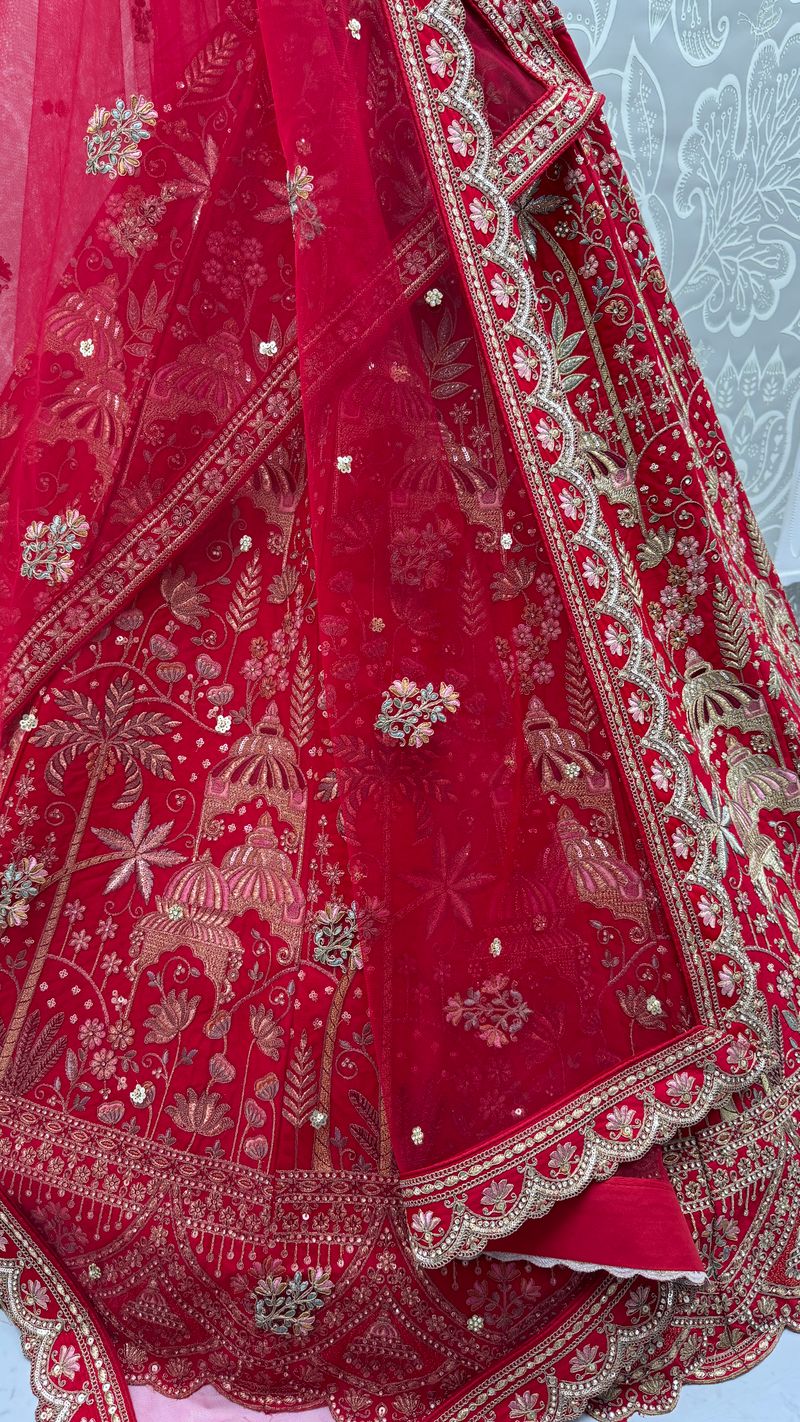 Red Pure Soft Silk Heavy Embroidery Work Bridal Lehenga