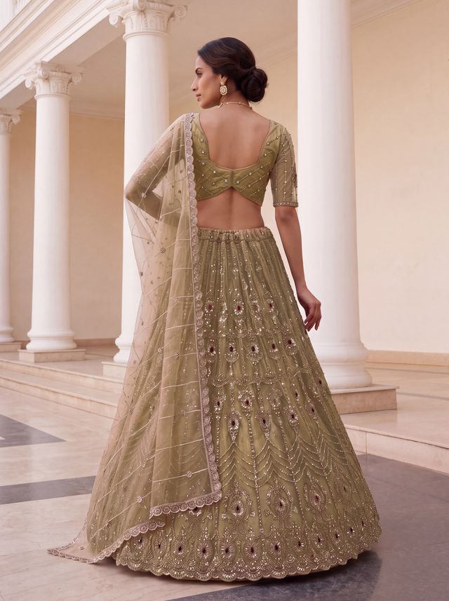 Chicku Pure Fendi Tussaud Silk Crystal Beads work Multi Thread Dori and Sequins Work Sequins Work Bridal Lehenga Choli