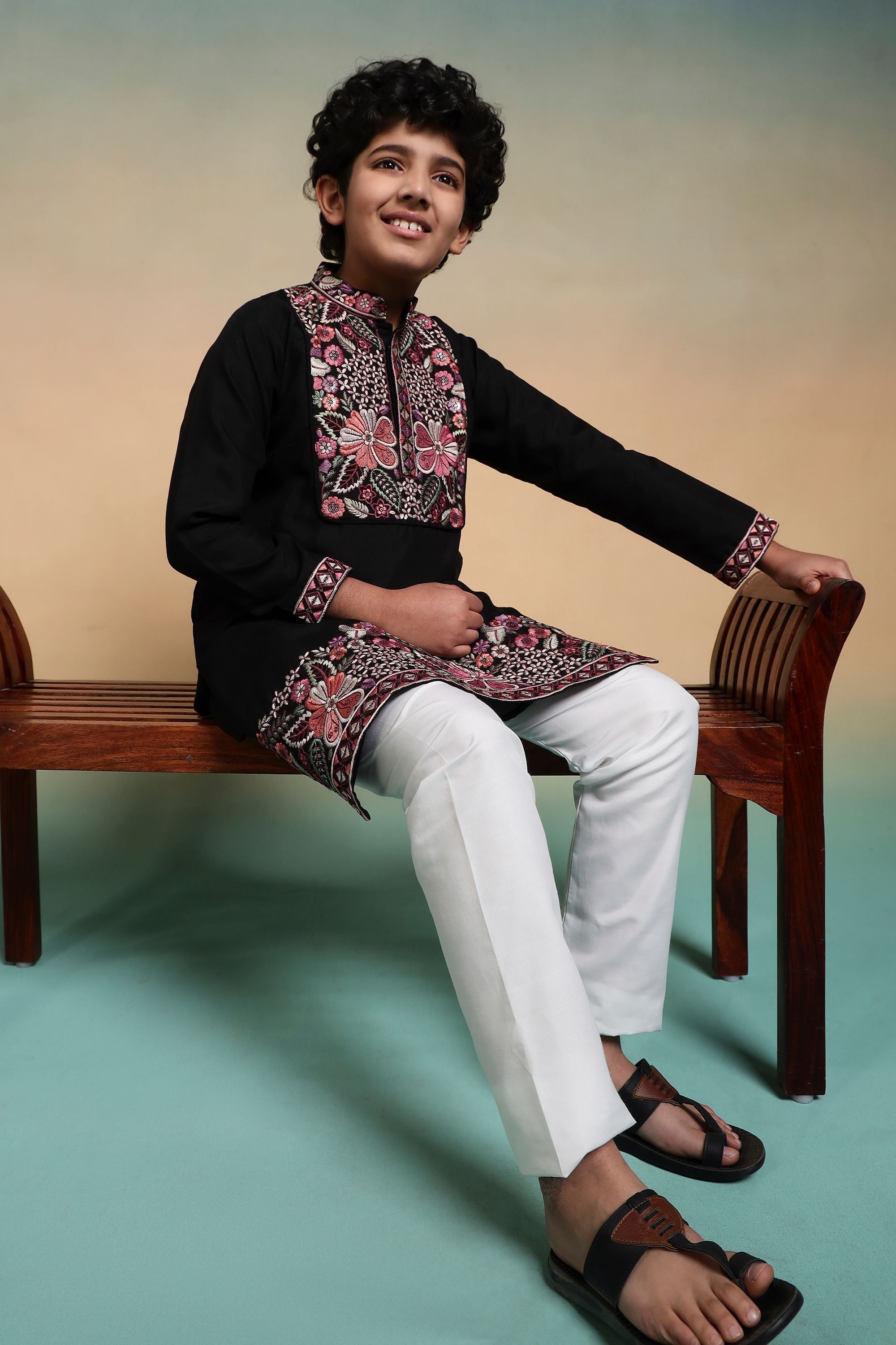 Black Pure Viscose Silk Kids Boy Kurta Pajama