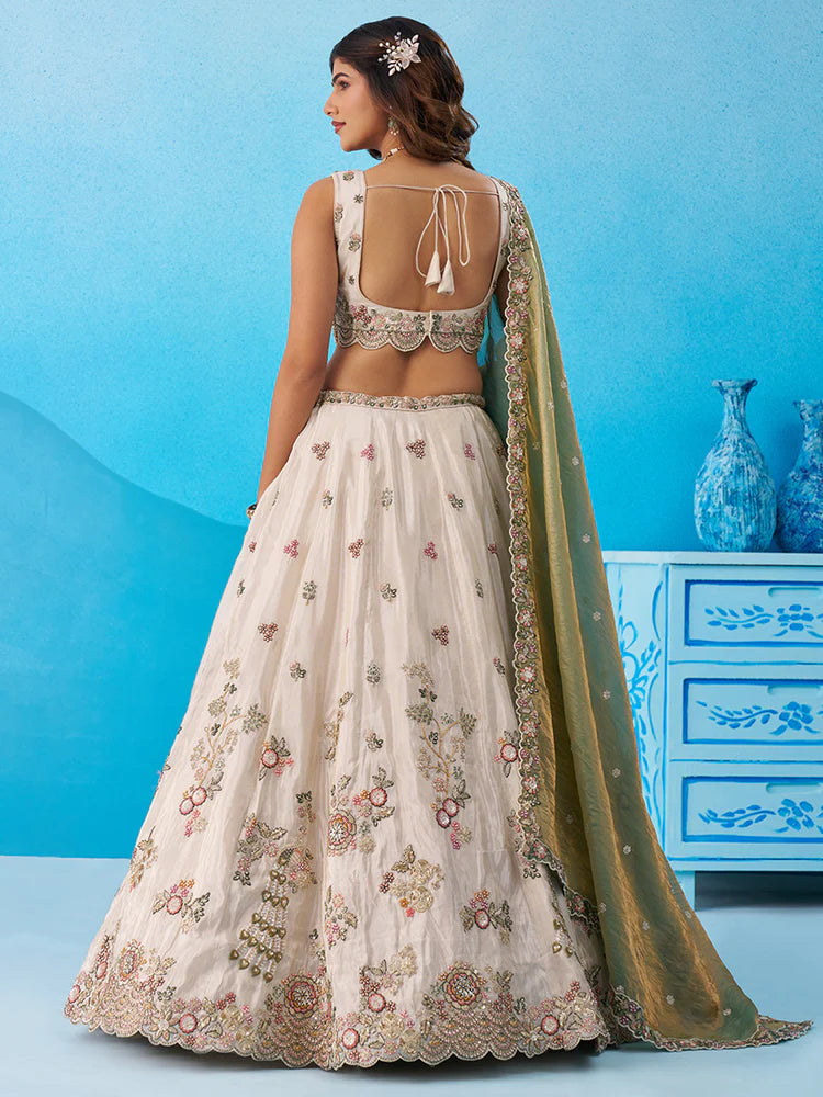 Cream & Green Lehenga Choli with Embroidered Dupatta