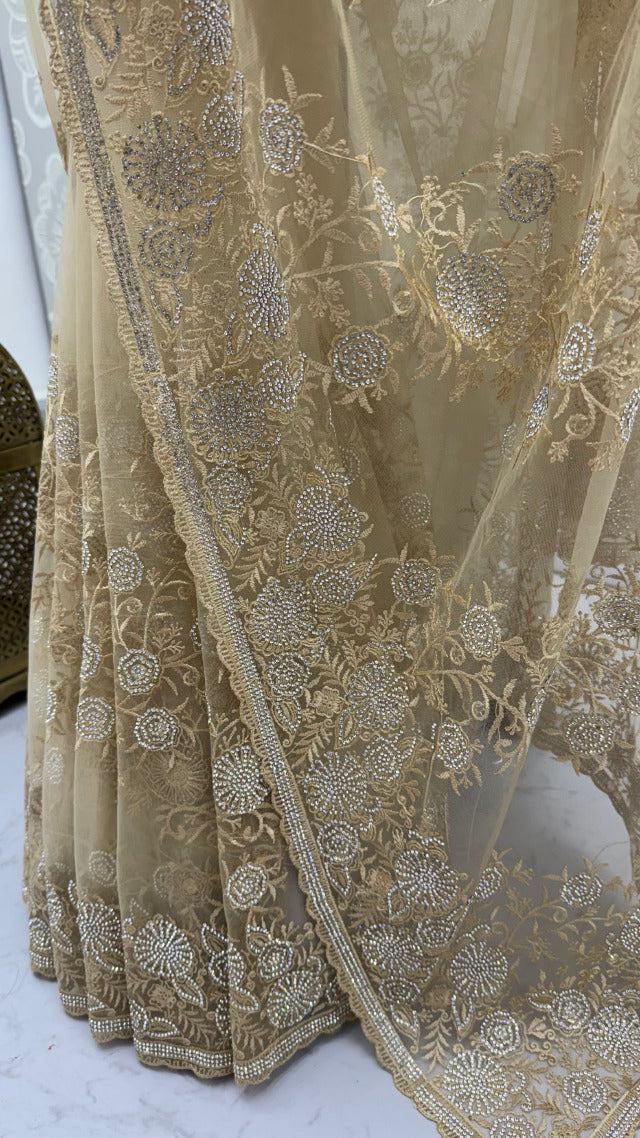 Gold Pure Premium Net Handwork Kasti & Motif Zari Metallic Sequins Work Wedding Saree