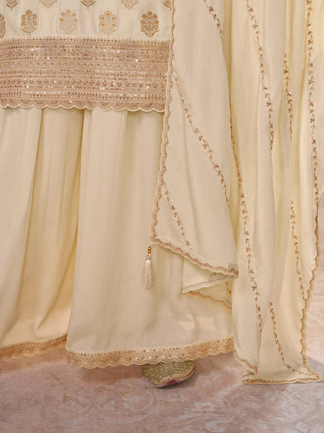 Bridal style beige sharara suit with Meena jacquard weaving