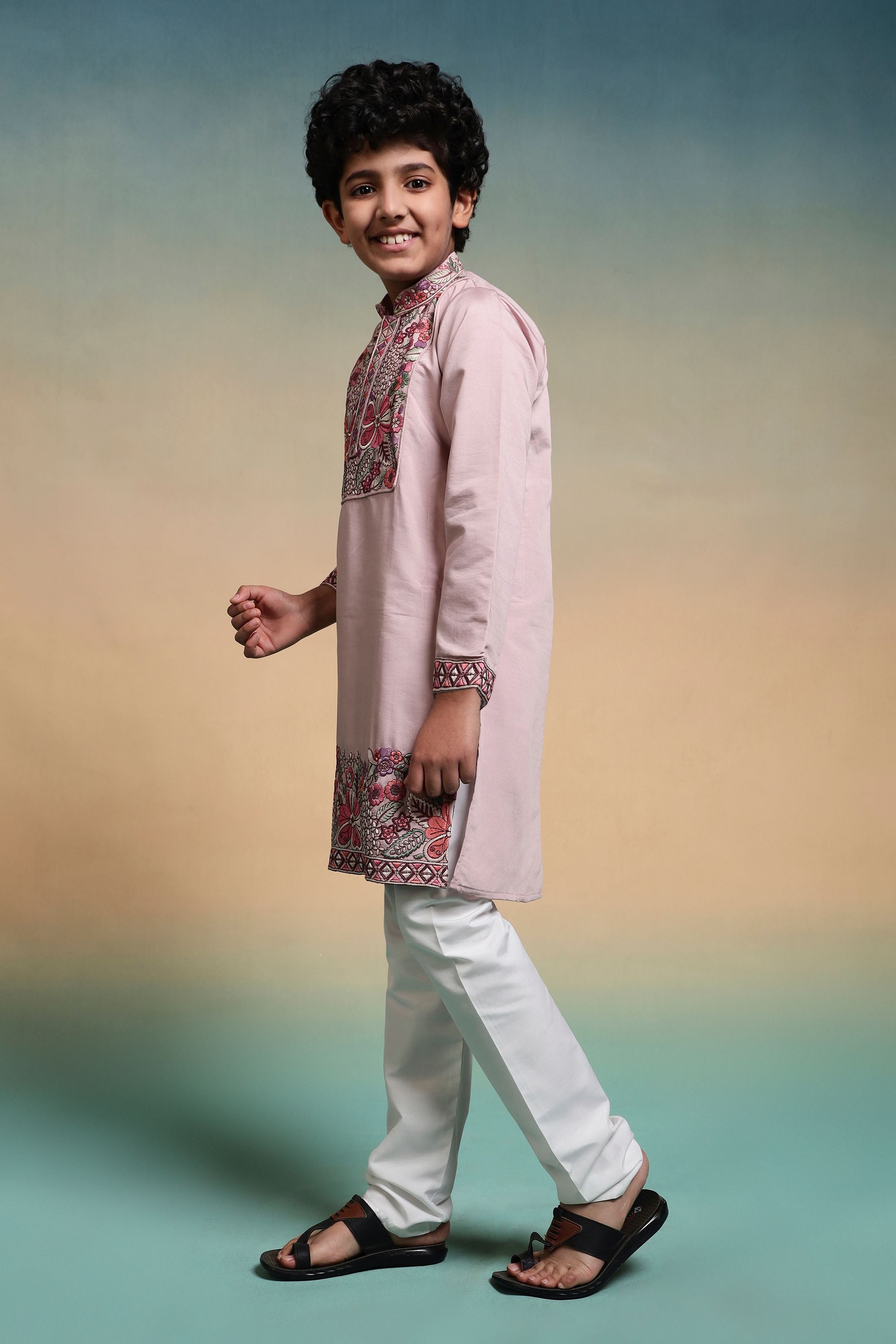 Pink Pure Viscose Silk Kids Boy Kurta Pajama