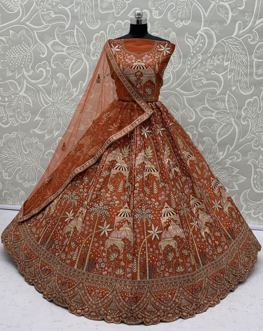 Orange Pure Soft Silk Heavy Embroidery Work Bridal Lehenga
