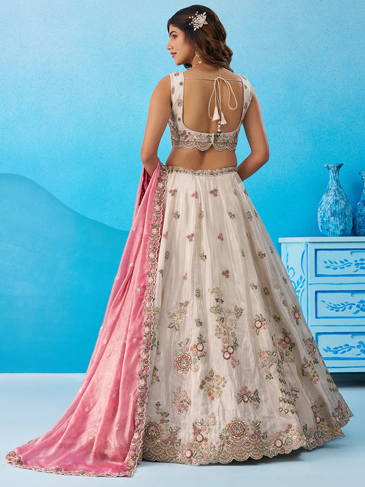 Cream & Pink Lehenga Choli with Embroidered Dupatta