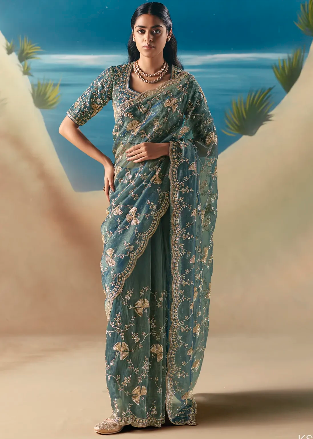 Aqua Blue Fancy Organza Silk Zari Embroidered Sequins With Bridal Saree
