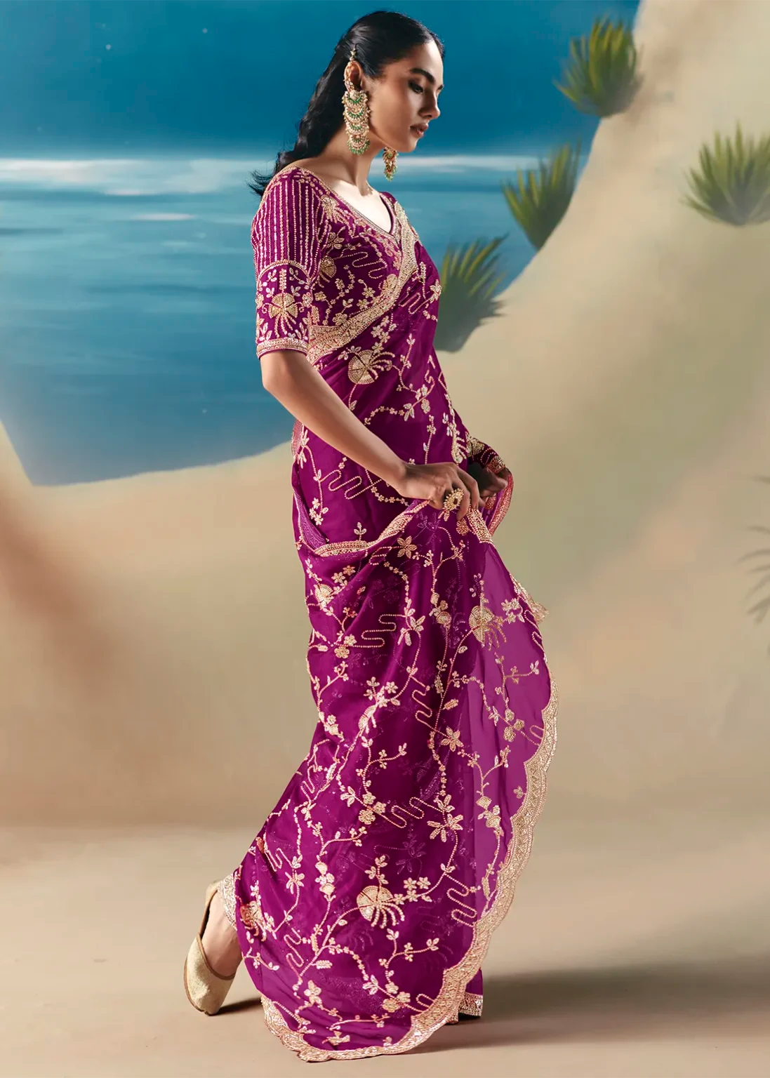 Purple Fancy Satin Organza Silk Zari Embroidered Sequins With Bridal Saree