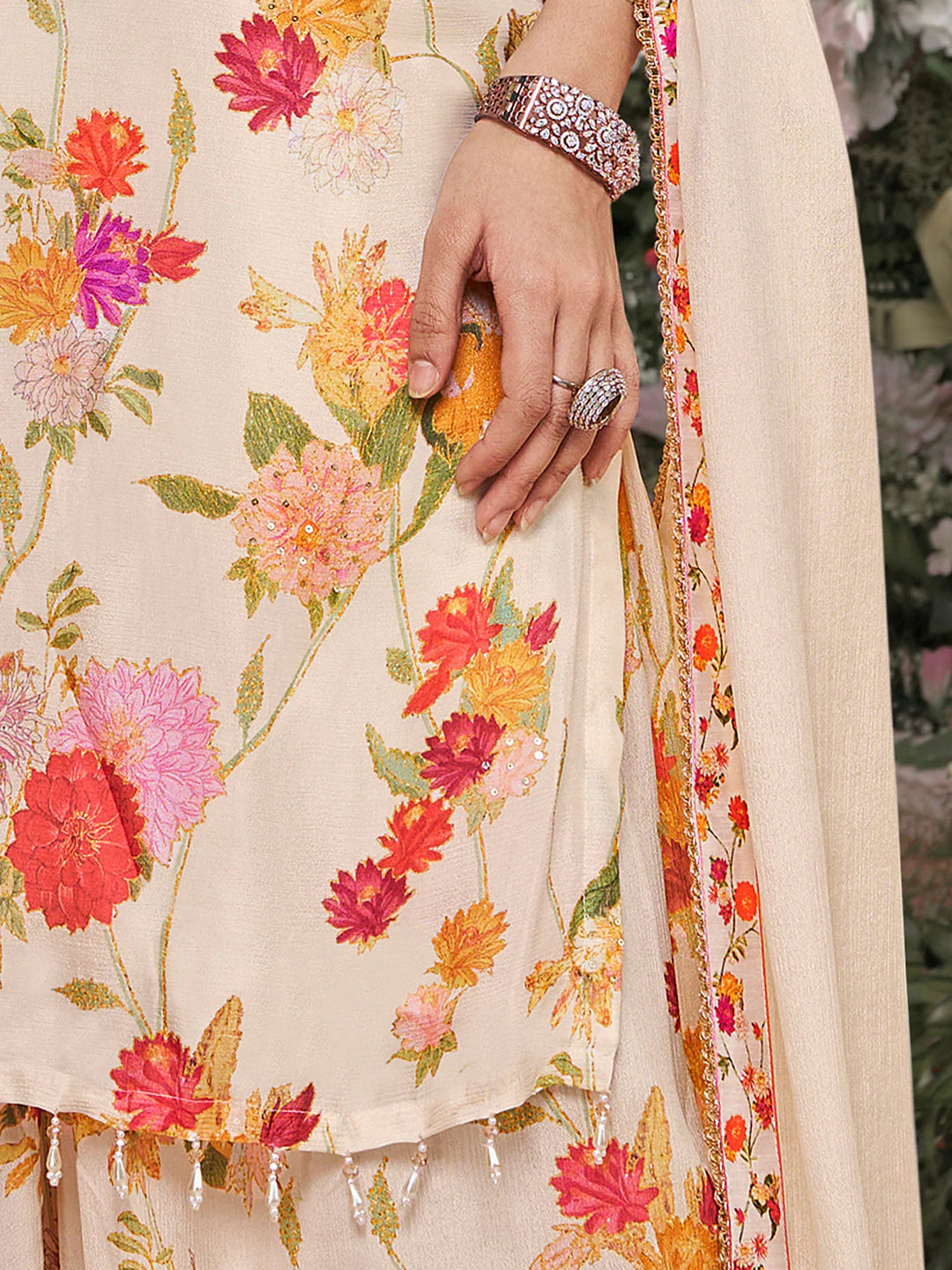 Party wear cream floral sharara suit with full sleeves
