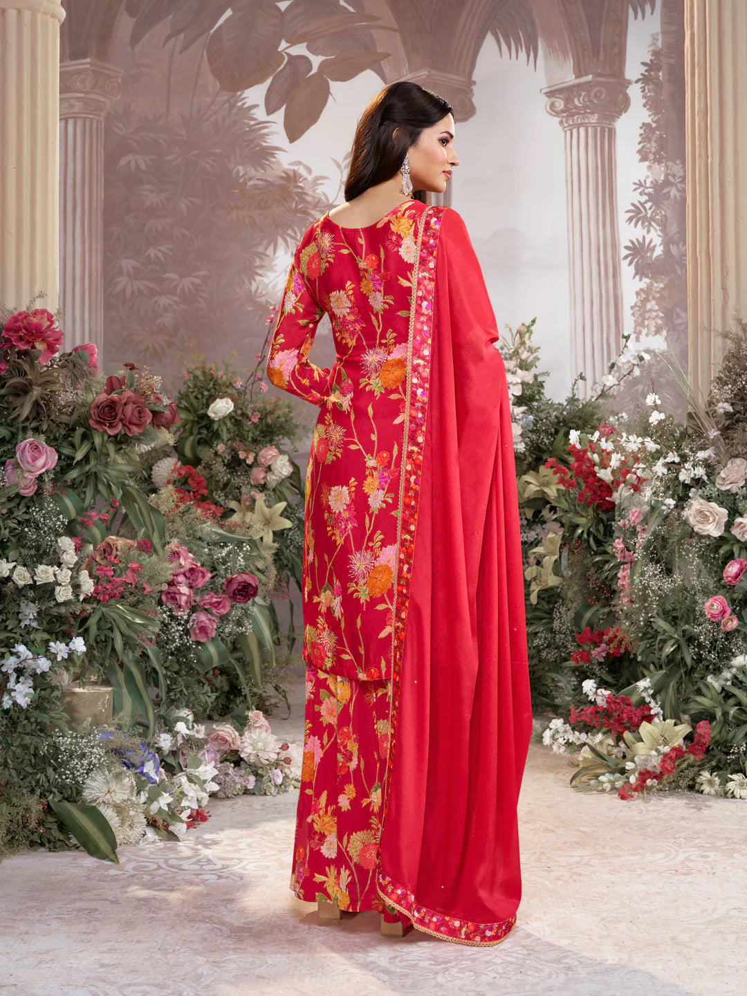 Red chinon sharara suit with matching dupatta and floral print lace