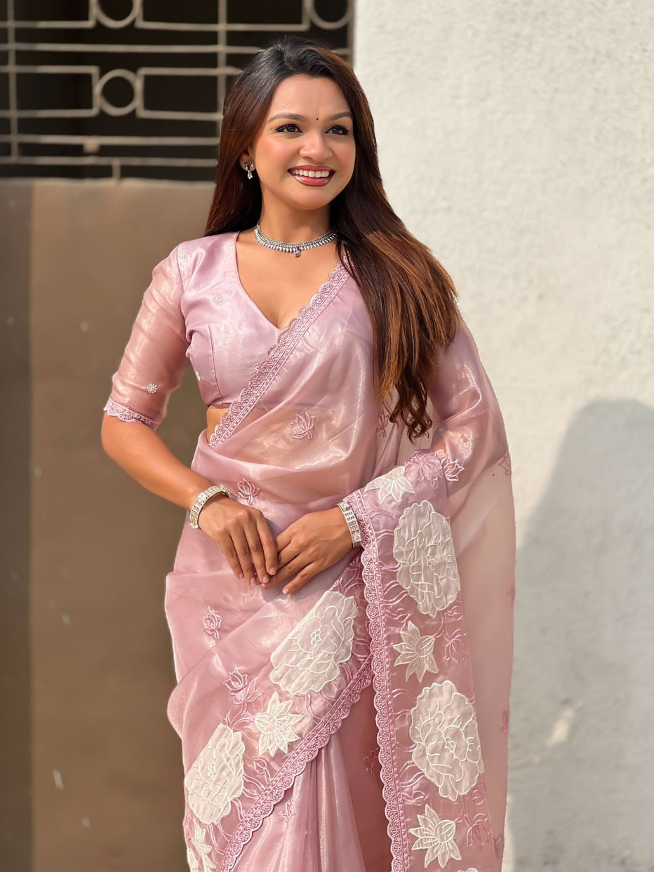 Pink Pure Oris Silk with Lotus Embroidery & Cutwork Border Saree