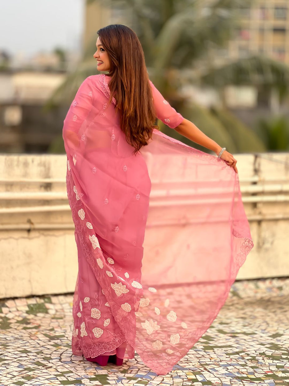 Pink Pure Chandra Kora Silk Floral Embroidery Cutwork Saree