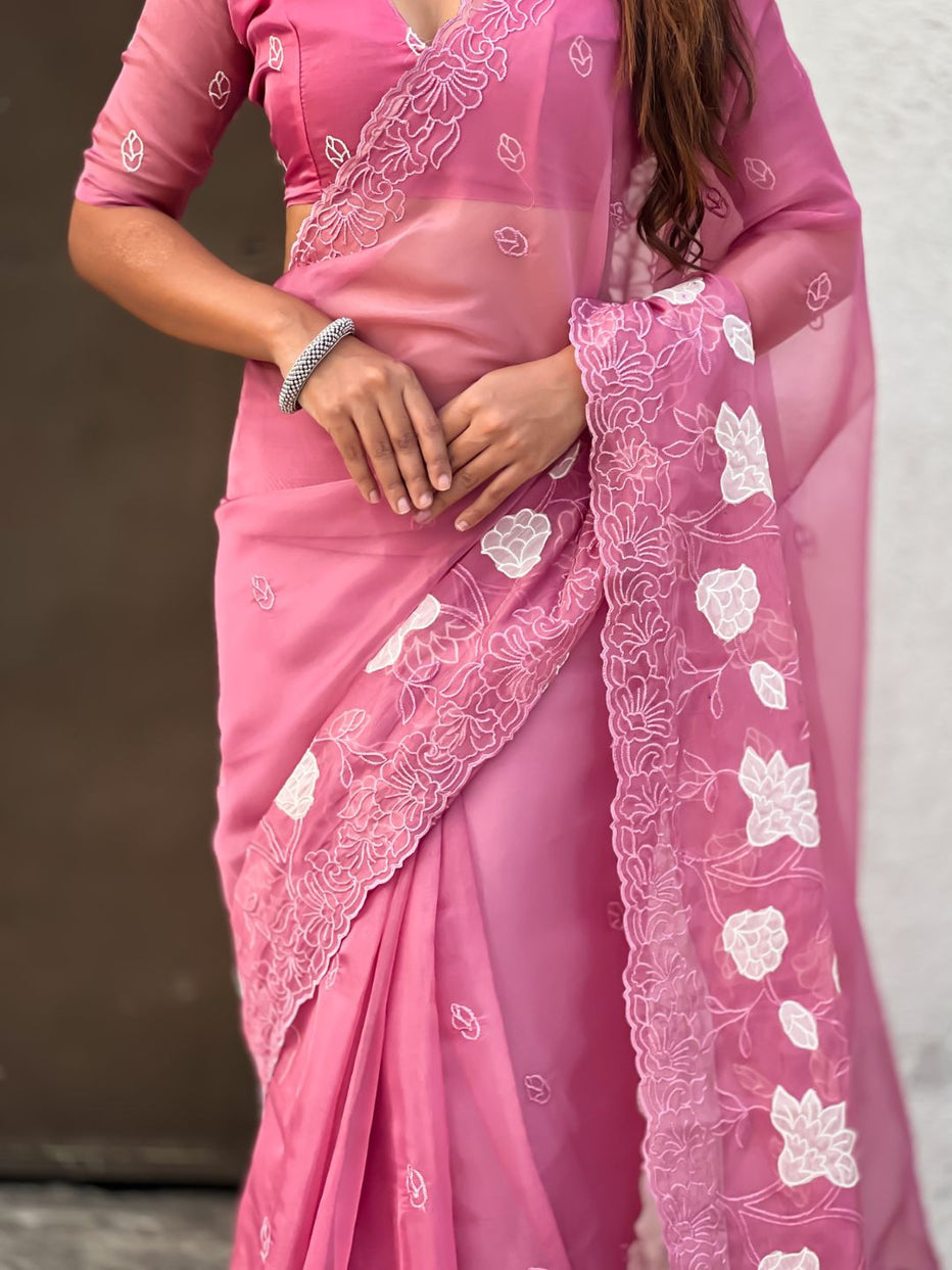 Pink Pure Chandra Kora Silk Floral Embroidery Cutwork Saree