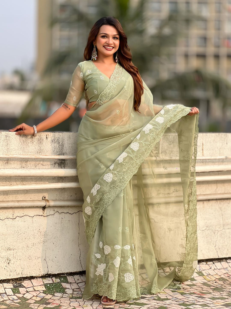 Green Pure Chandra Kora Silk Floral Embroidery Cutwork Saree