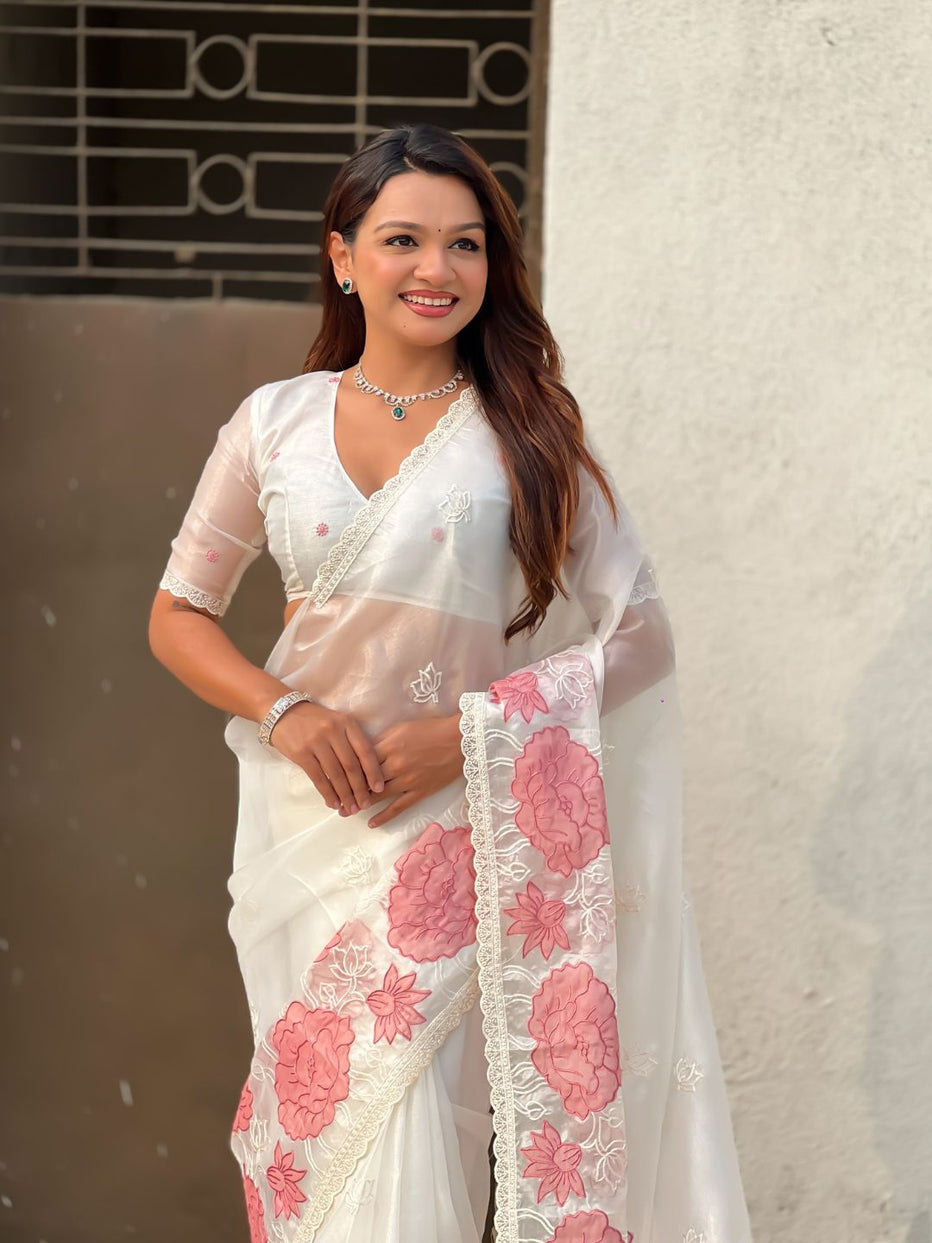 White Pure Oris Silk with Lotus Embroidery & Cutwork Border Saree