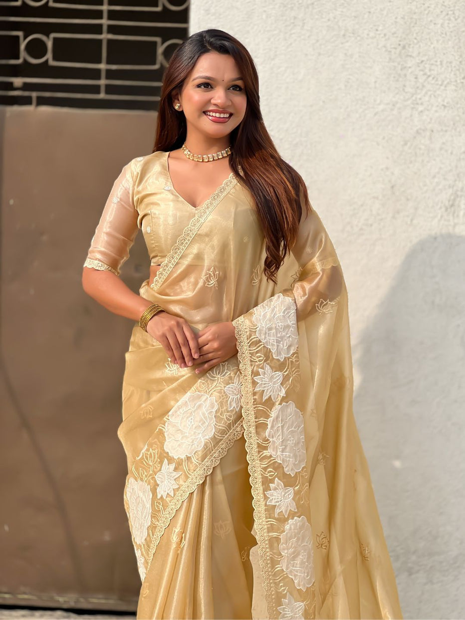 Yellow Pure Oris Silk with Lotus Embroidery & Cutwork Border Saree