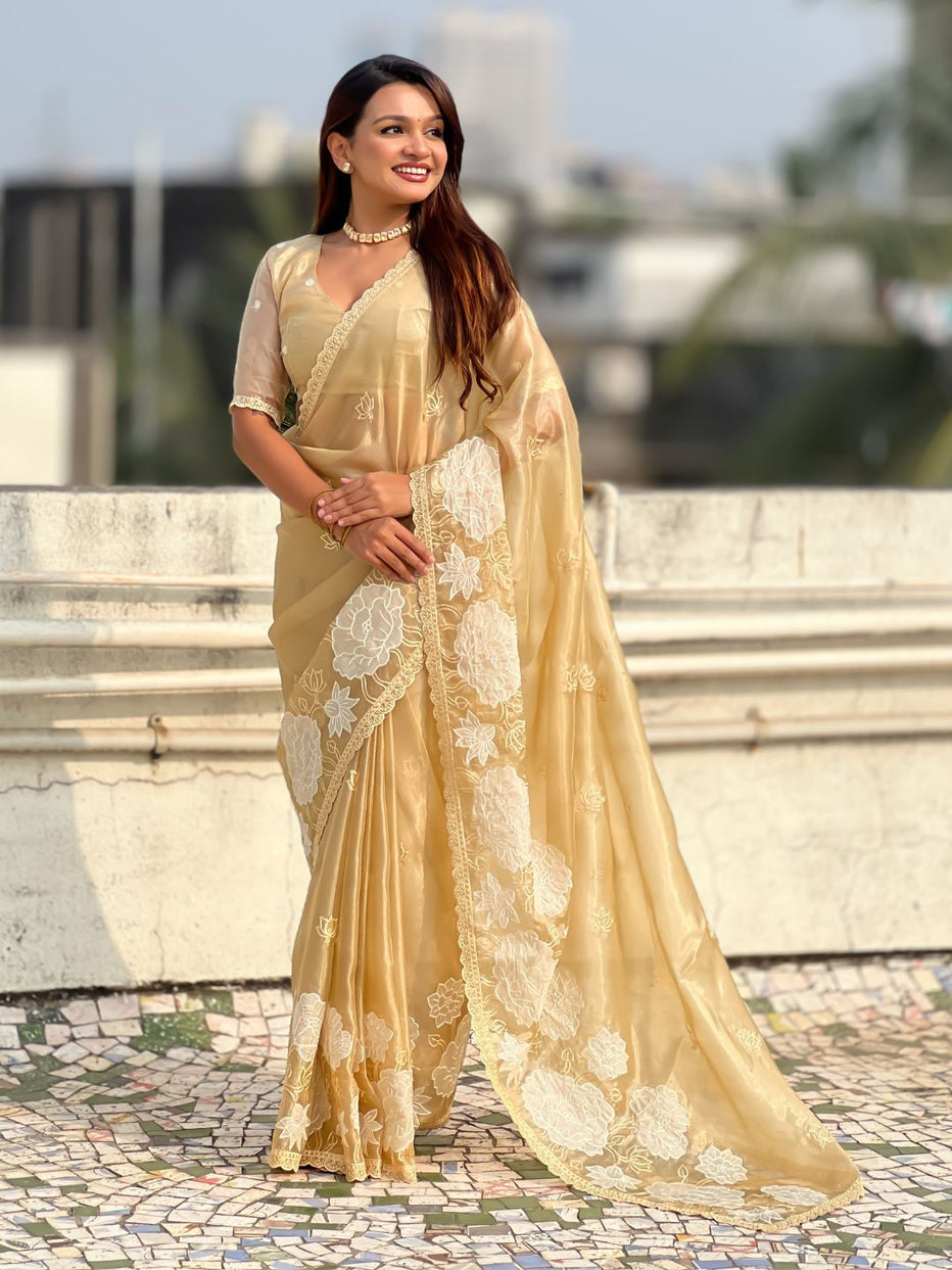 Yellow Pure Oris Silk with Lotus Embroidery & Cutwork Border Saree