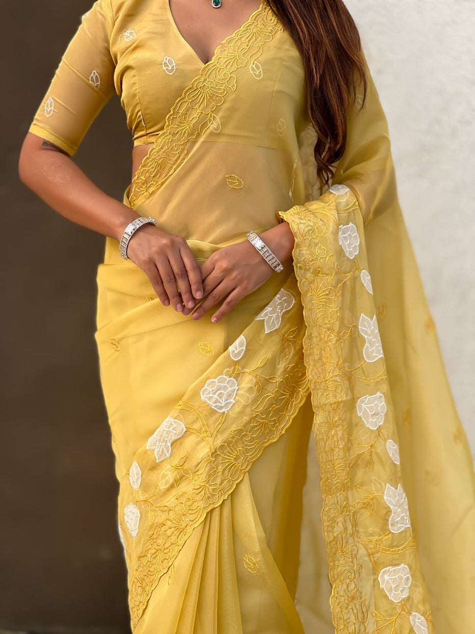 Yellow Pure Chandra Kora Silk Floral Embroidery Cutwork Saree