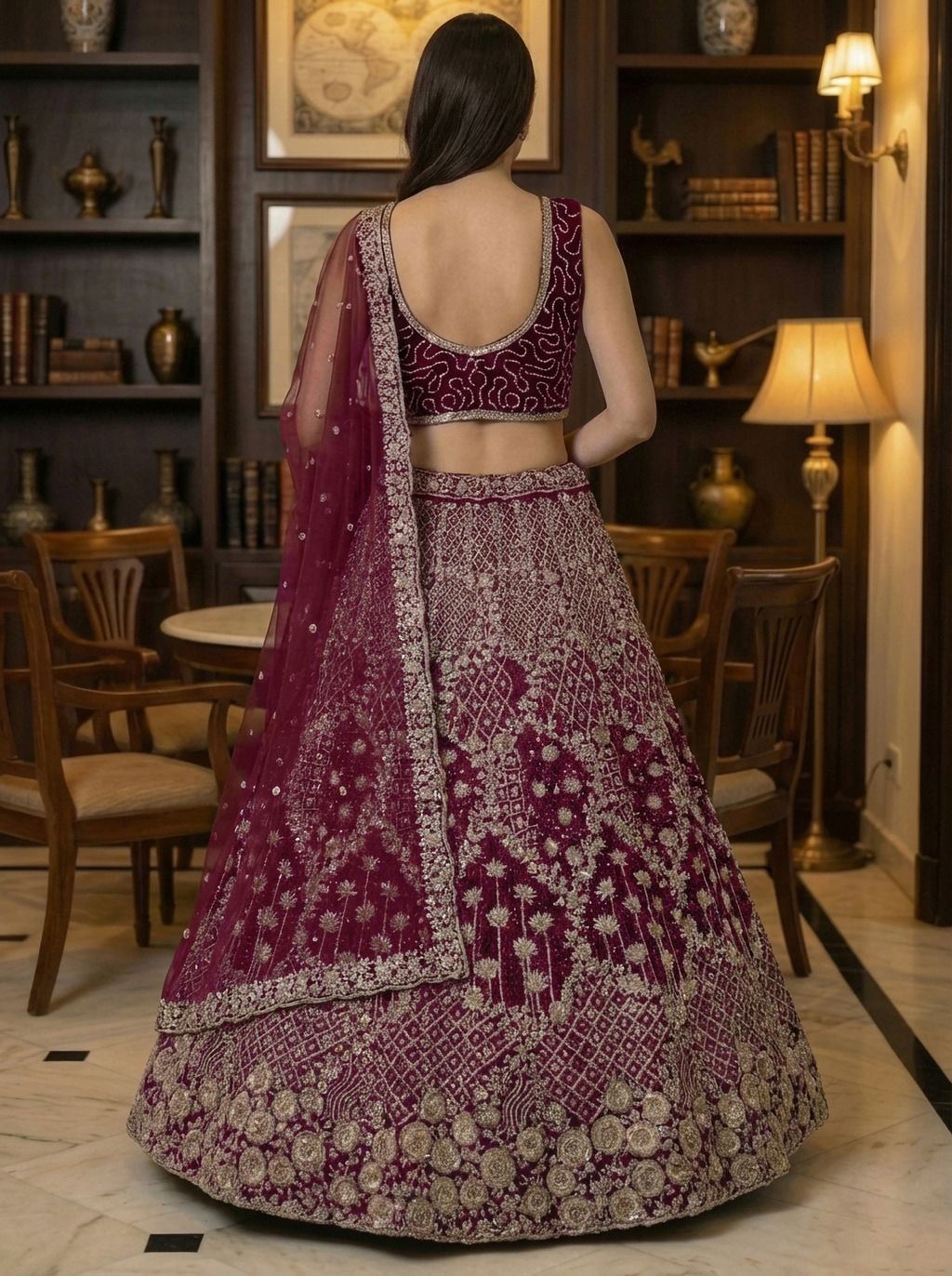 Raspberry Pure Soft Net Heavy Embroidery Work Bridal Lehenga