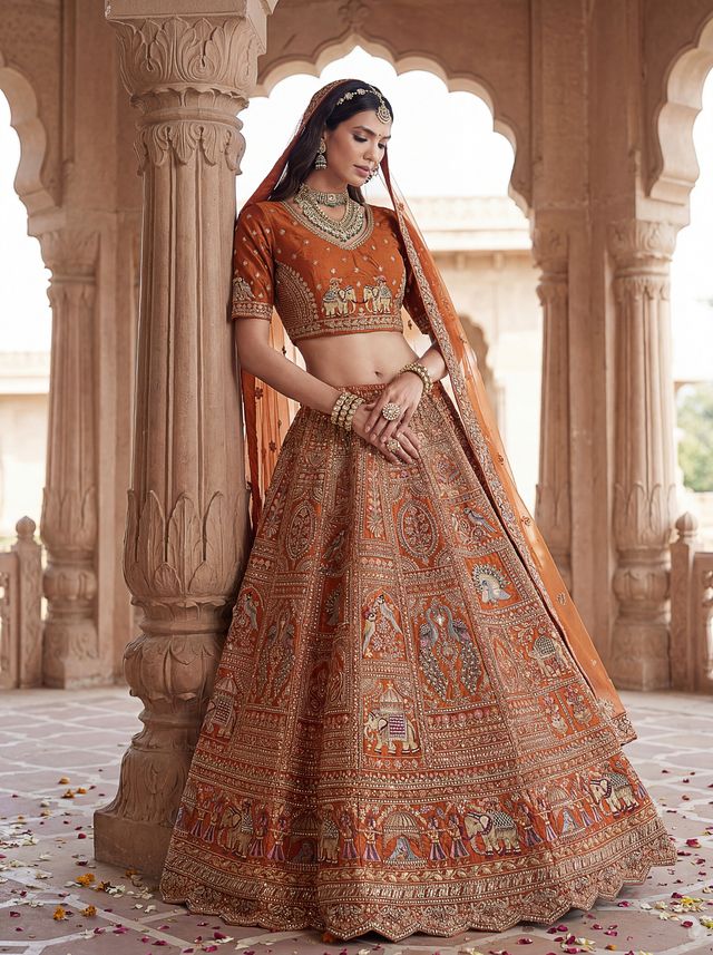 Orange Pure Soft Gadwal Silk Heavy Embroidery Work Bridal Lehenga