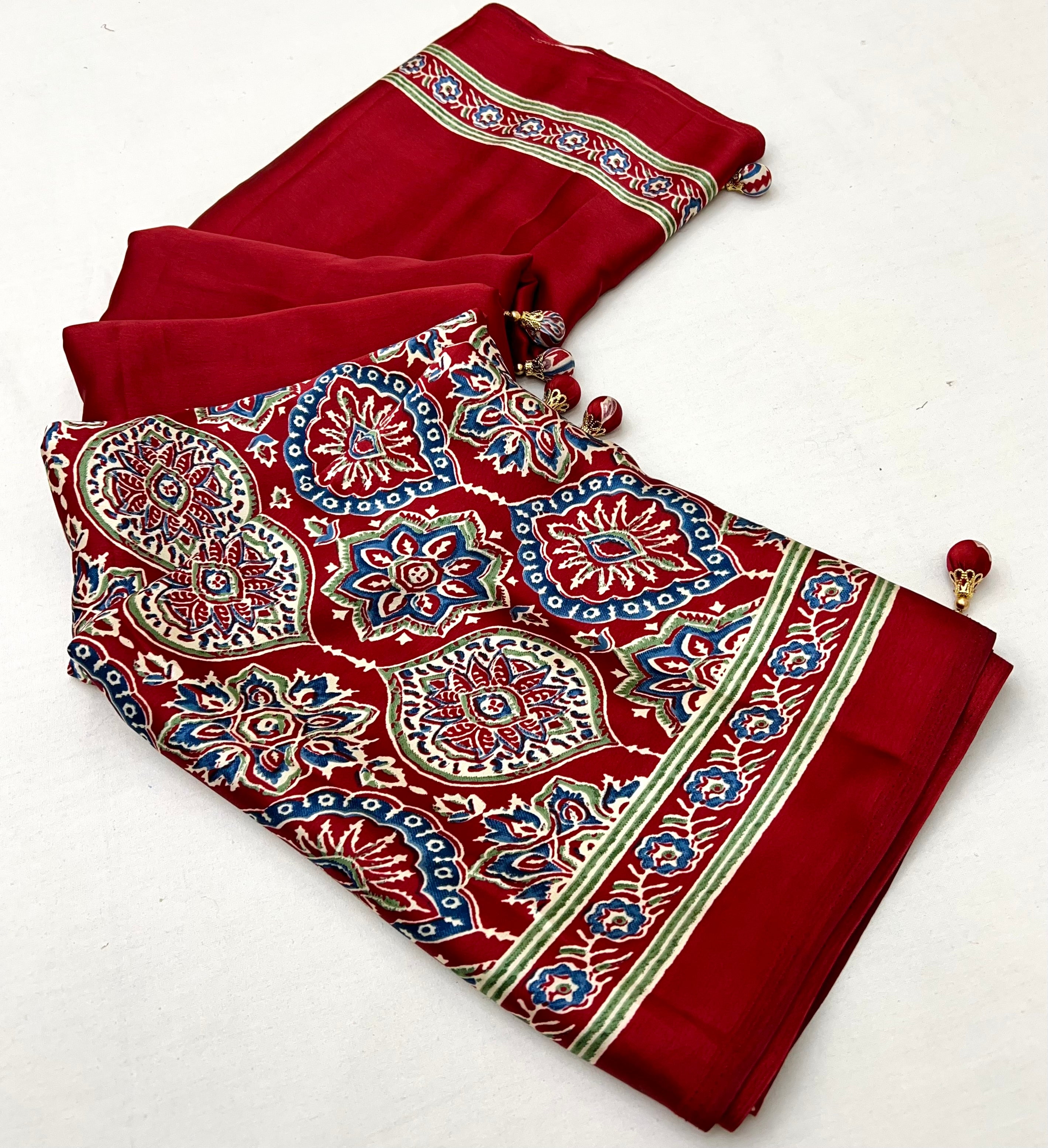 Red Pure Semi Modal Silk Floral Printed Saree