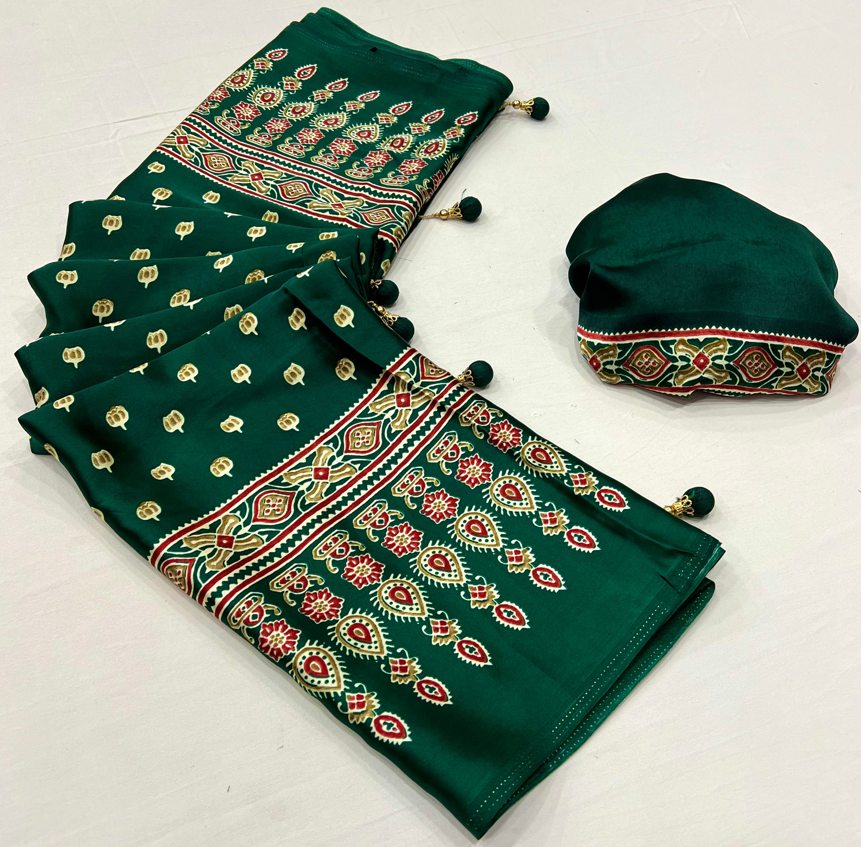 Green Pure Semi Modal Silk Floral Printed Saree
