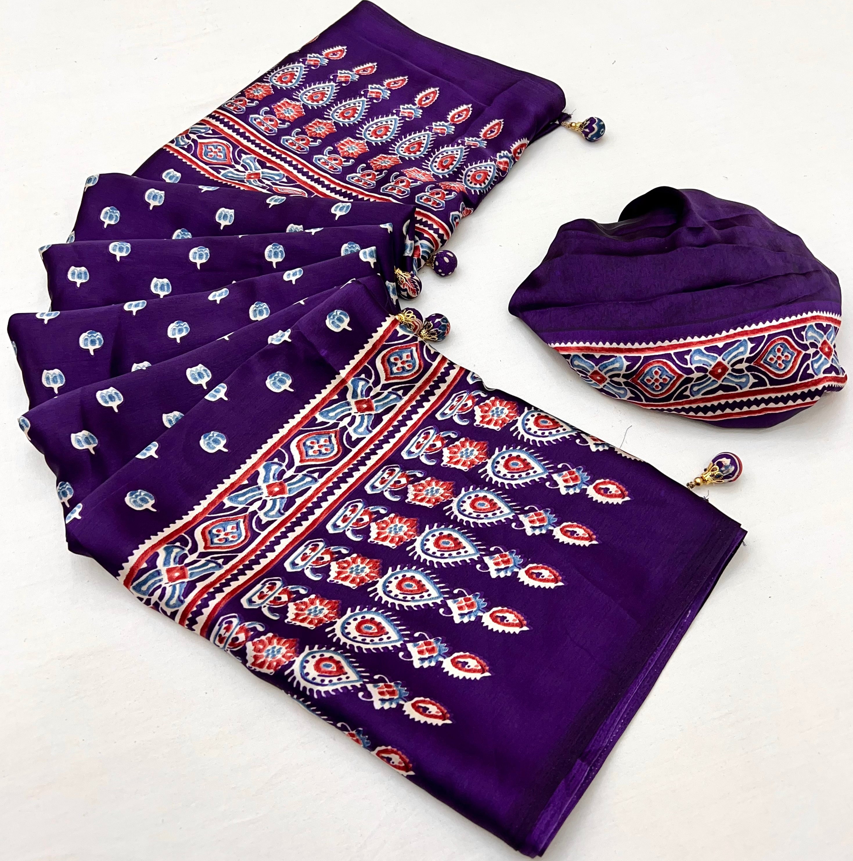 Purple Pure Semi Modal Silk Floral Printed Saree