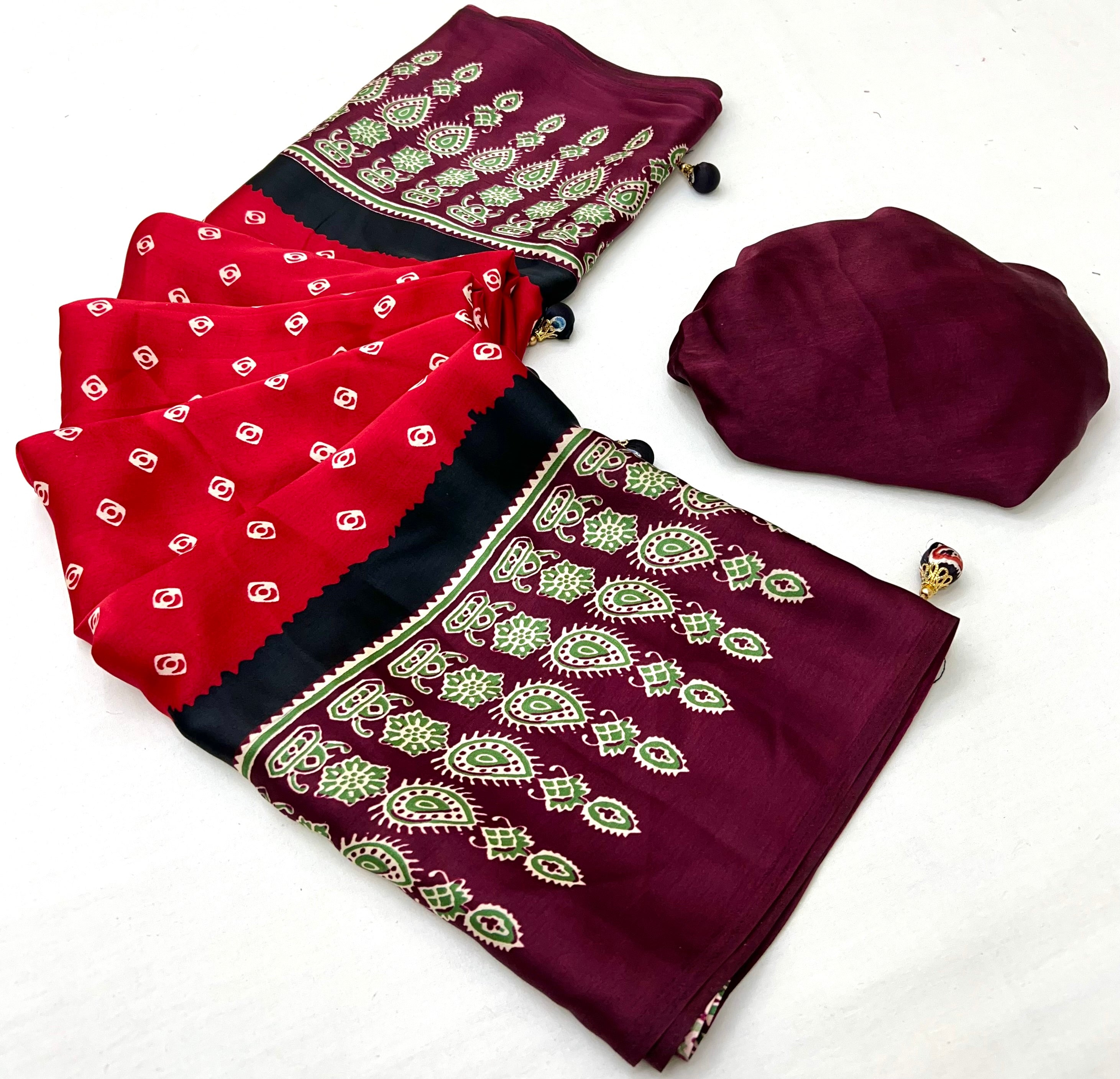 Red Pure Semi Modal Silk Ajarkh Printed Saree