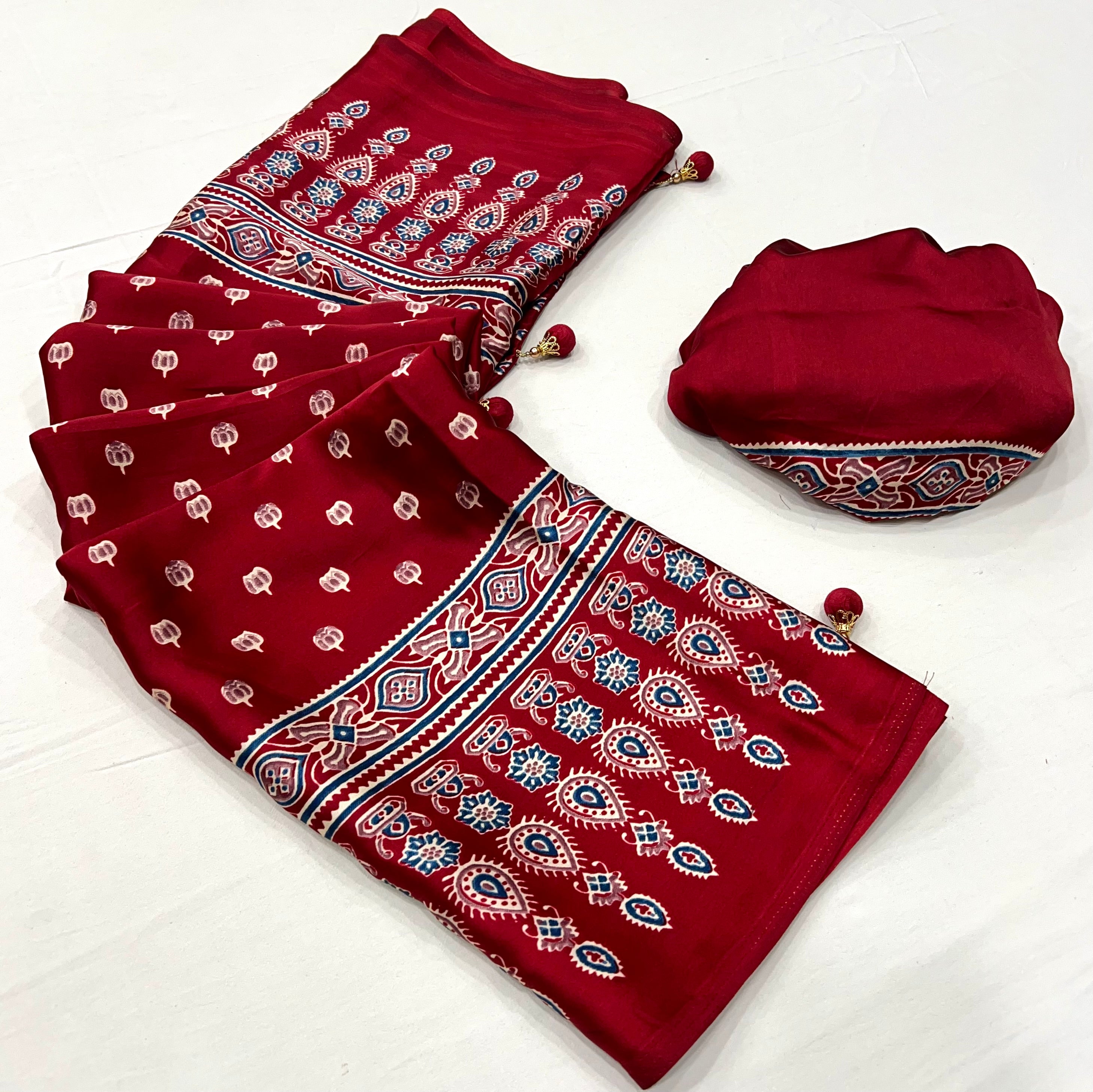 Red Pure Semi Modal Silk Floral Printed Saree