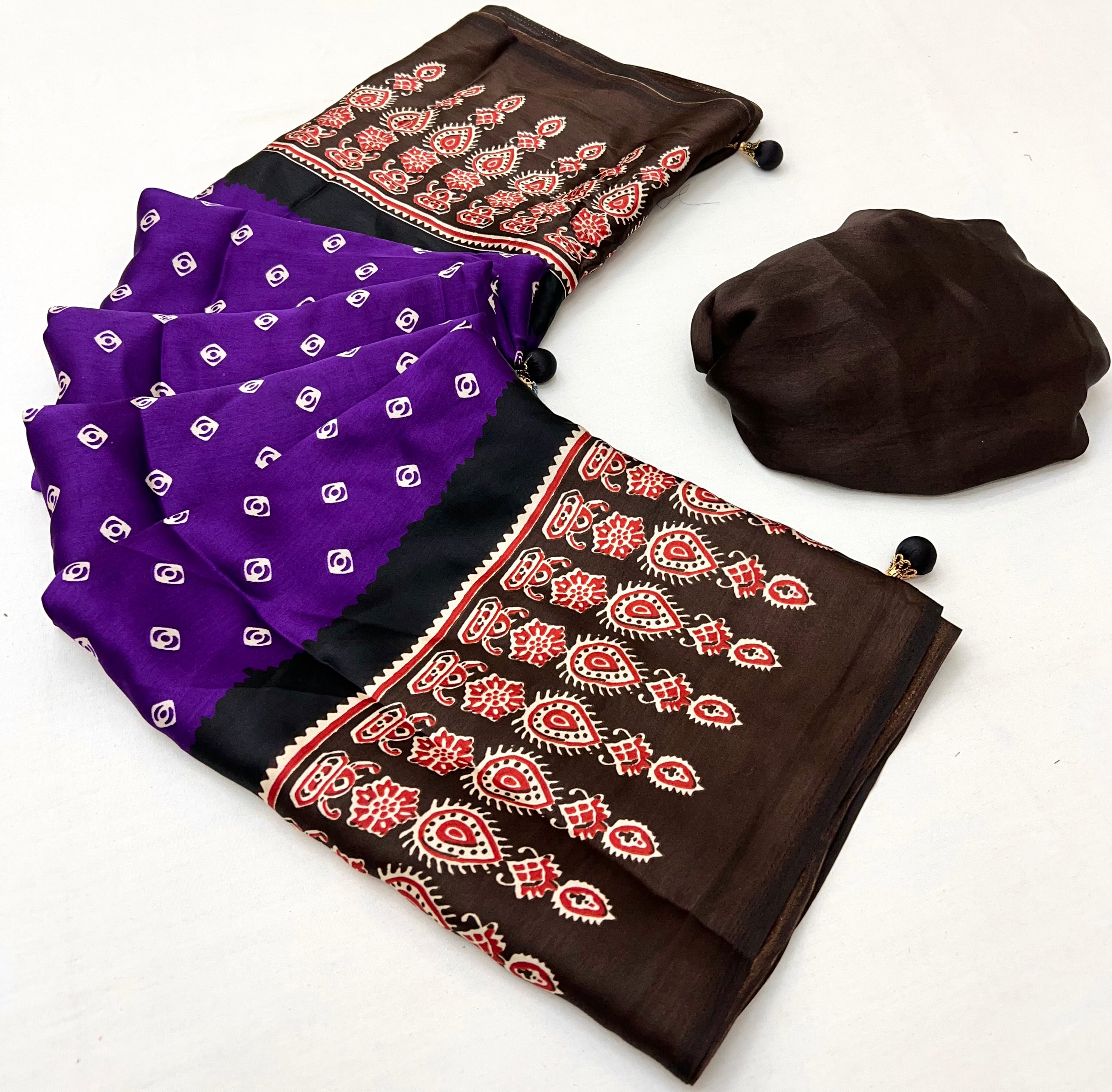 Violet Pure Semi Modal Silk Ajarkh Printed Saree