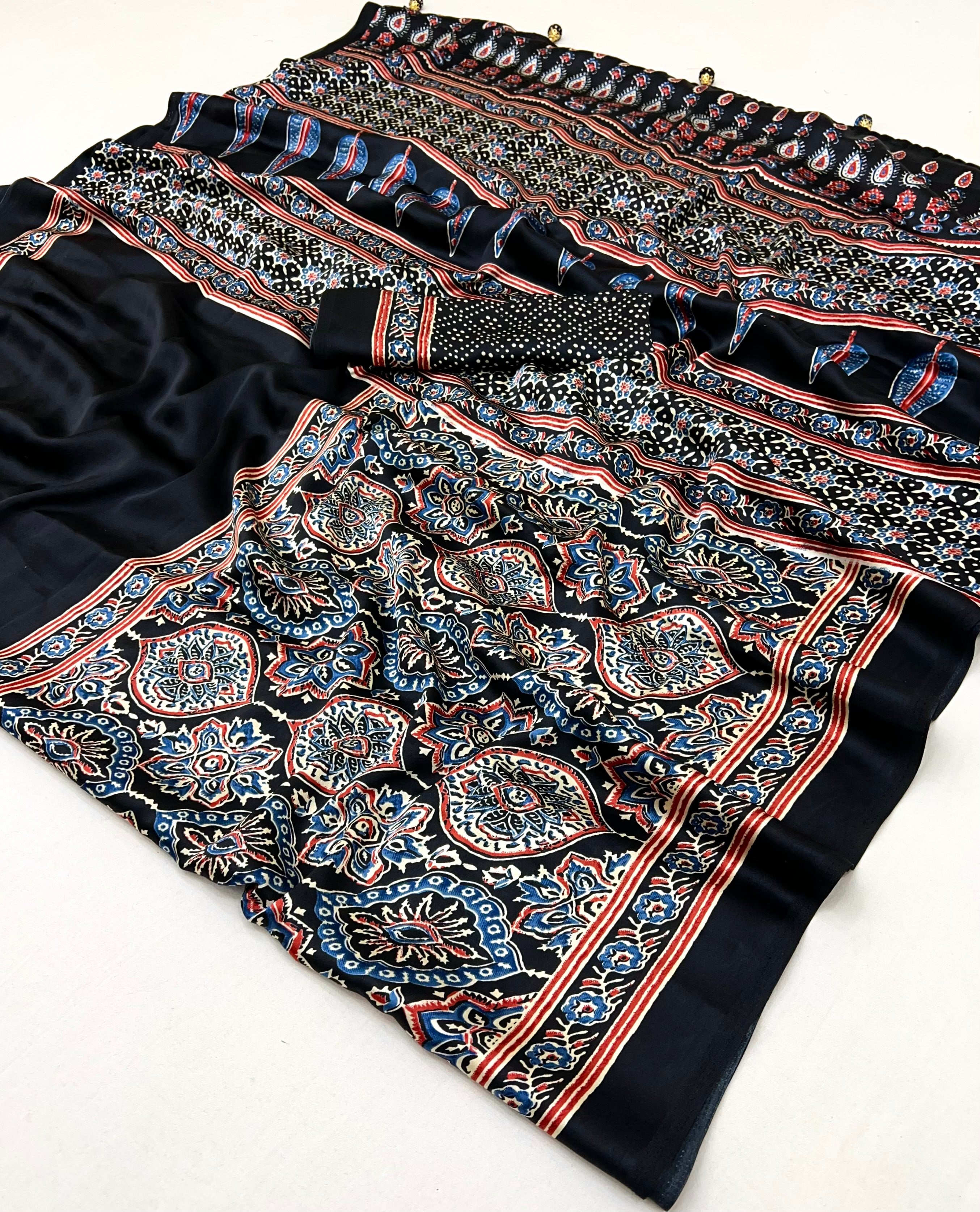 Black Pure Semi Modal Silk Floral Printed Saree
