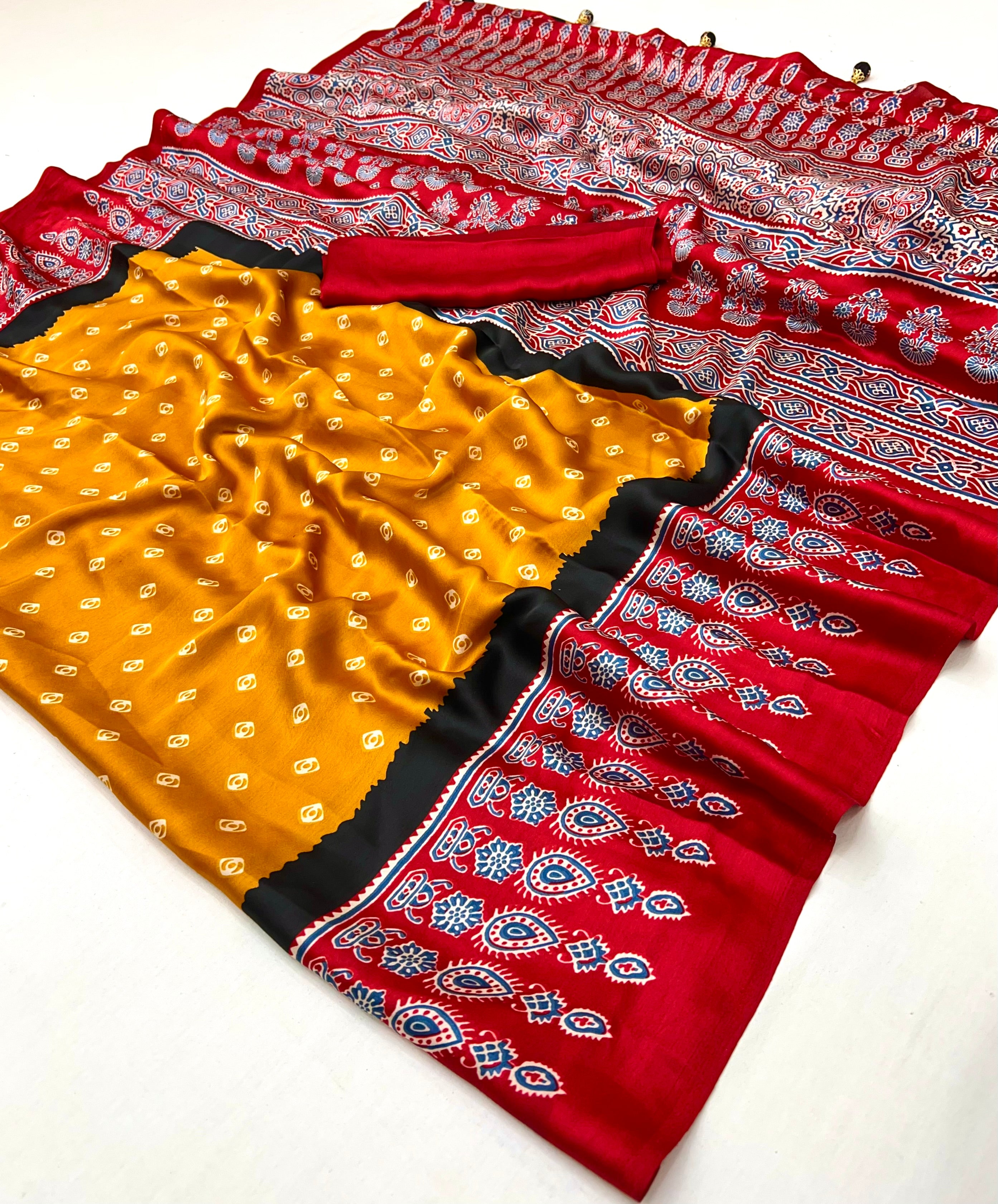 Mustard Pure Semi Modal Silk Ajarkh Printed Saree