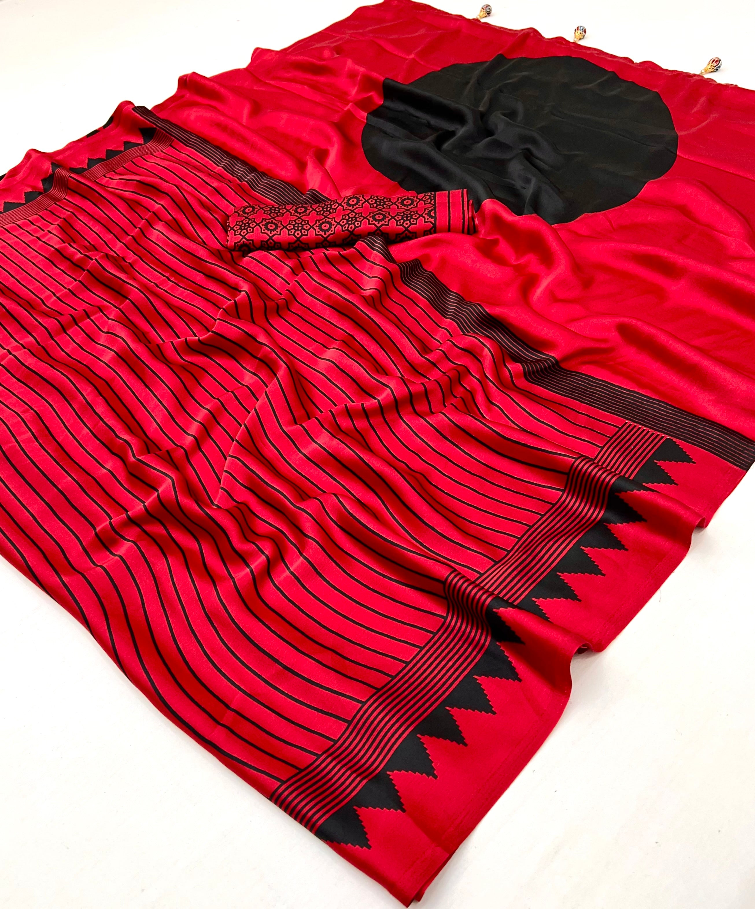 Red Pure Semi Modal Silk Ajarkh Printed Saree